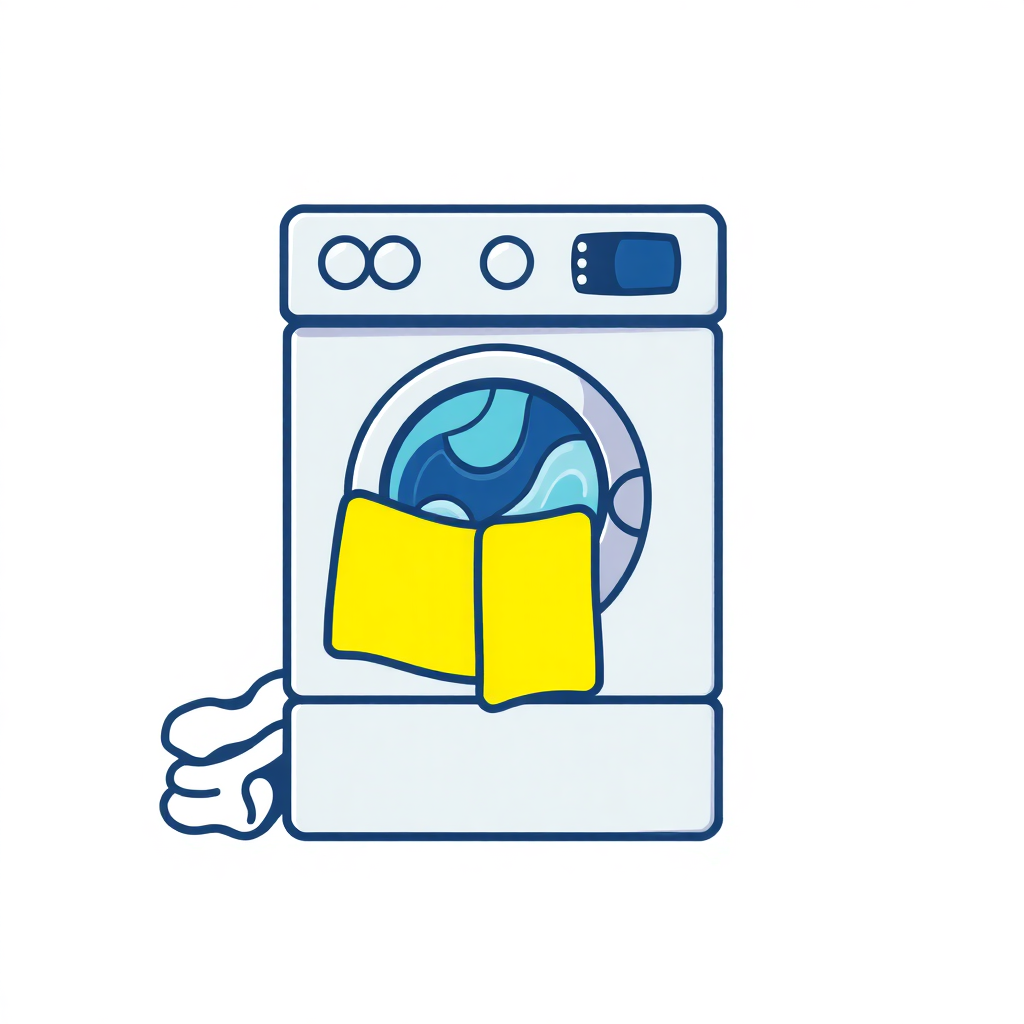 The image shows a cartoon washing machine with a yellow towel in it, set against a white background.