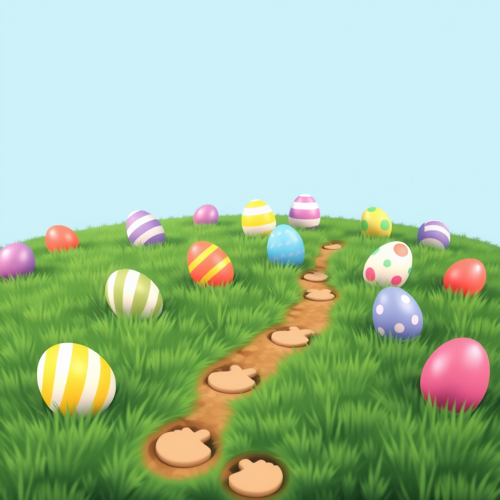 A group of colorful Easter eggs scattered across a field, with footprints leading towards them.