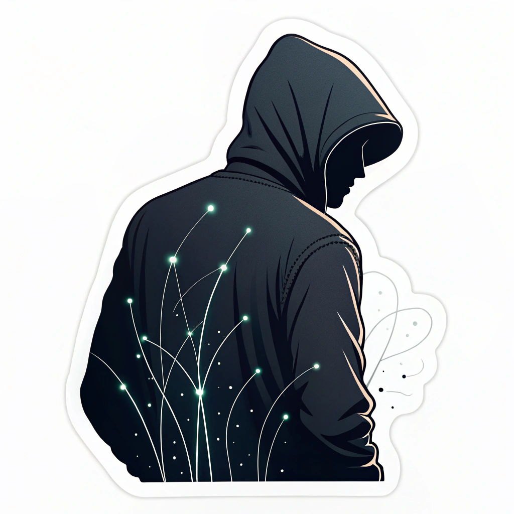 Sub-design 4: A minimalist silhouette where the hood's shadow is deep, but faint, glowing lines (like fiber optics or data streams) trace parts of its outline or flow into/out of the figure.