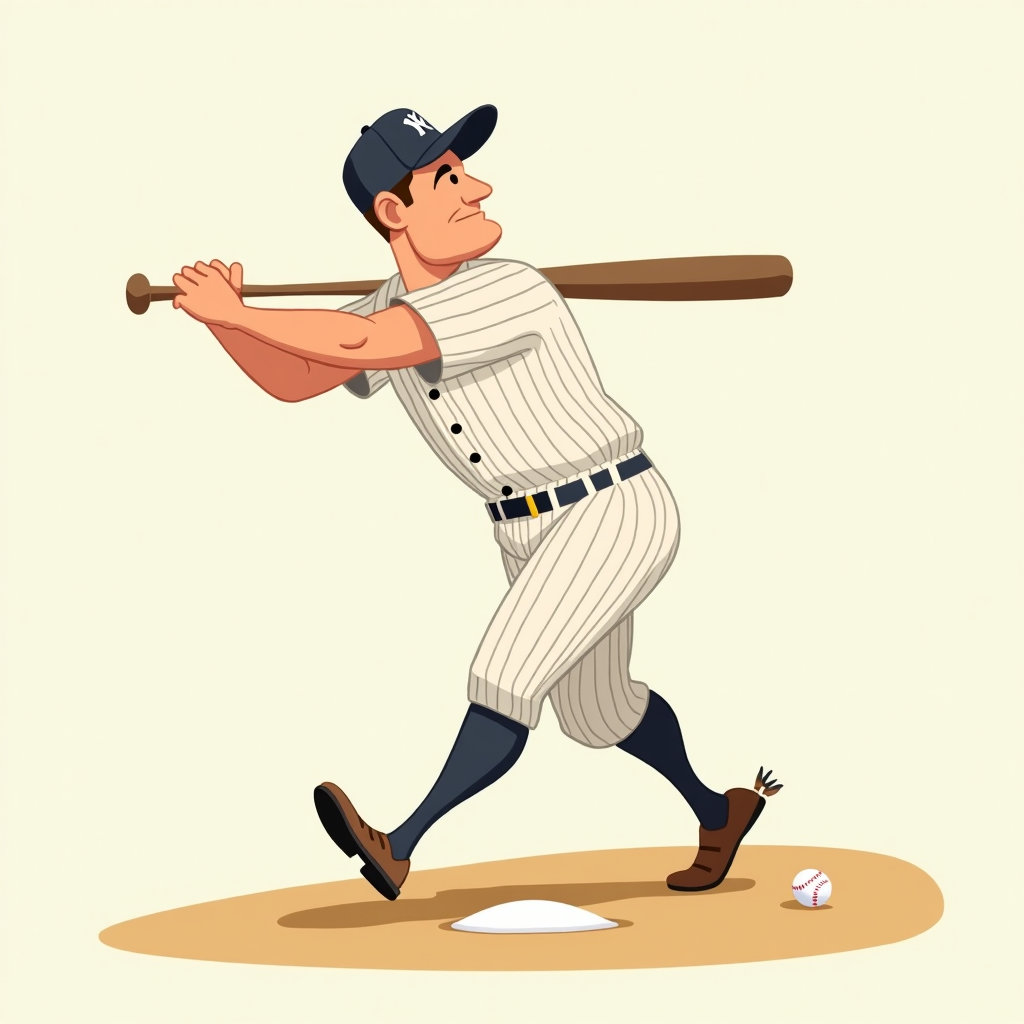 Minimalist Motion Lines: Illustrate Babe Ruth's iconic swing with a few clean, sweeping abstract lines suggesting his form and the bat's trajectory. Include a single stylized, off-center baseball. The modernity comes from extreme simplification and use of negative space, while the cartoon feel is in the expressive energy of the lines.