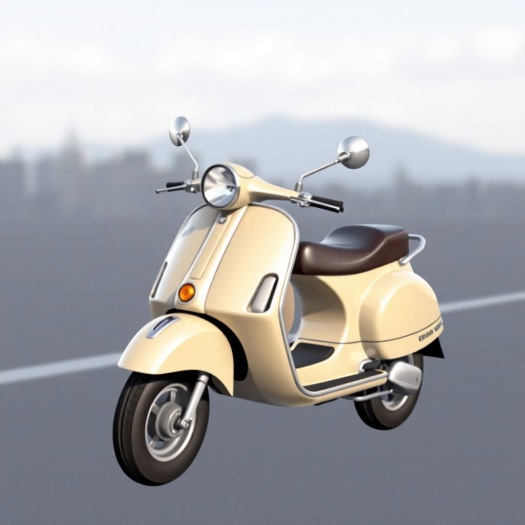  a beige-colored scooter parked on the side of a road. The scooter has a round headlight and two round mirrors on the front. The handlebars are curved and the seat is brown. The wheels are silver and appear to be in good condition. In the background, there is a city skyline with buildings and mountains. The sky is overcast and the overall mood of the image is peaceful and serene.