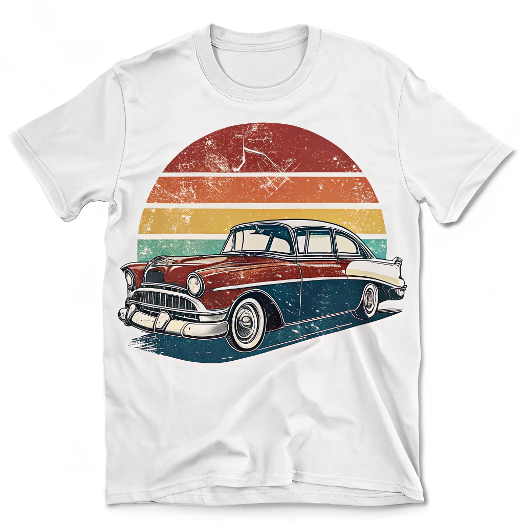 The image is of a white t-shirt with a graphic design on the front. The design features a vintage car with a red and blue color scheme. The car is in the center of the design, with a large orange and yellow sunburst in the background. The sunburst has a grungy texture, giving the design a vintage feel. The overall design is simple and minimalistic.