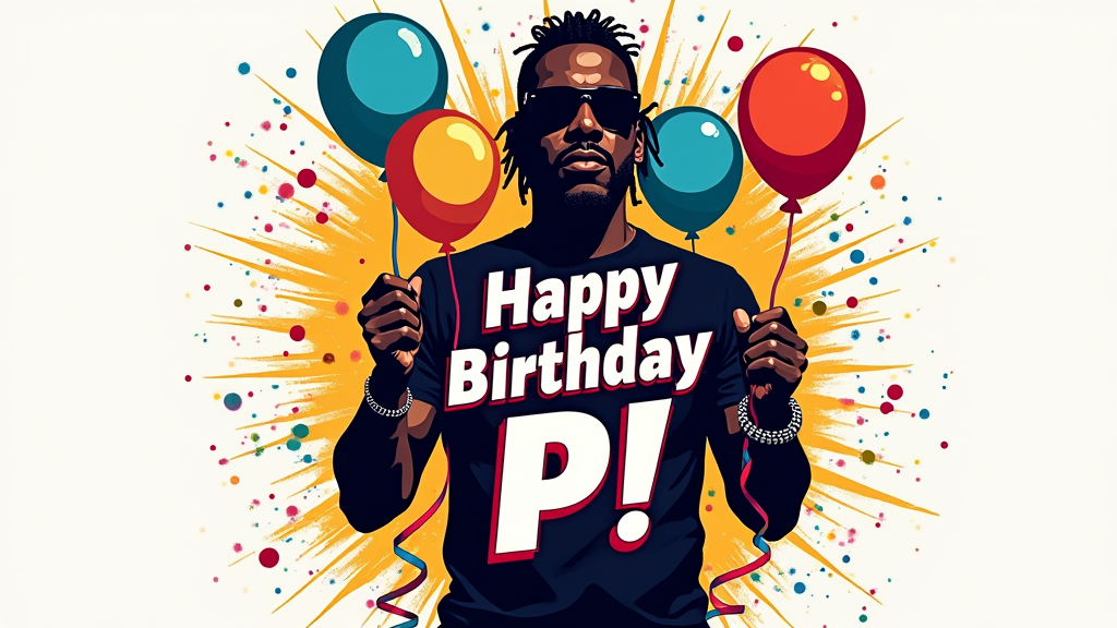 Sub Design Idea 4: The iconic No Limit tank decorated with party streamers, balloons, and a banner reading 'Happy Birthday P!' or 'Make 'Em Say Ugh!'. Master P's silhouette could be stylized, in a bold graphic style.