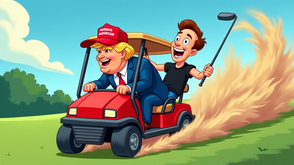 Cartoon Donald Trump driving a golf cart, with Elon Musk onboard, skidding through a golf course, leaving a trail of twisting dust clouds.