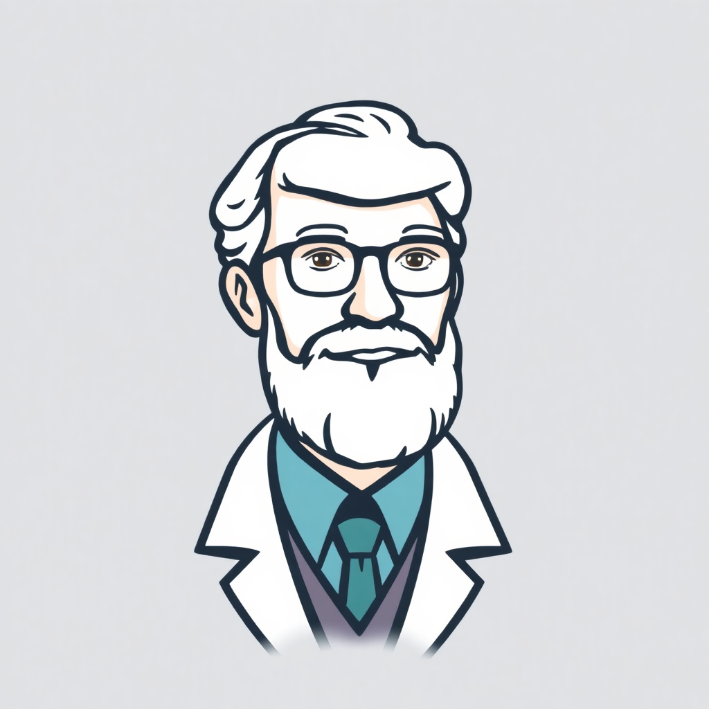 The image is a portrait of an elderly man with a white beard and mustache. He is wearing a white lab coat and a blue tie. He has a pair of glasses on and is looking directly at the camera with a serious expression. The background is plain white. The man appears to be in his late 60s or early 70s.