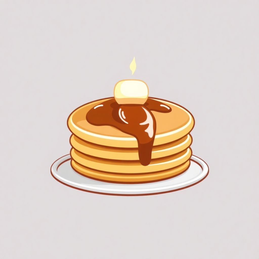 The image is an illustration of a stack of pancakes on a white plate. The pancakes are golden brown and appear to be freshly made. On top of the stack, there is a small dollop of butter and a drizzle of syrup. The syrup is dripping down the sides of the pancakes. The plate is round and has a white rim. The background is plain white.