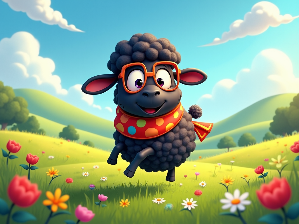 The image shows a cartoon sheep wearing glasses and a red scarf running through a field of flowers, plants, grass, trees, hills, and a sky with clouds.