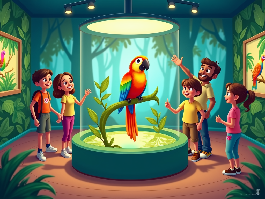 A museum exhibit displaying the Rainbow Bird's physical characteristics, habitat, and importance to the local ecosystem, including interactive elements.