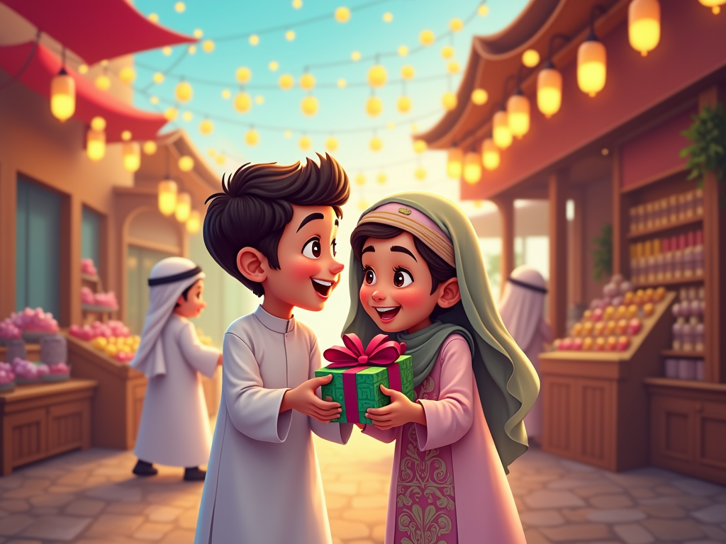 A heartwarming scene where Qatari kids exchange Eid gifts and blessings, emphasizing the cultural value of generosity and camaraderie.