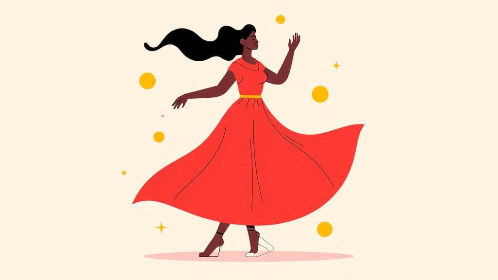 The image is an illustration of a young woman dancing. She is wearing a long red dress with a yellow belt and high heels. Her long black hair is flowing in the wind and she is reaching up towards the sky with her arms stretched out to the sides. The background is a light beige color with small yellow stars scattered around. The woman appears to be in motion, with her body slightly turned to the side. The overall style of the illustration is cartoon-like and playful.