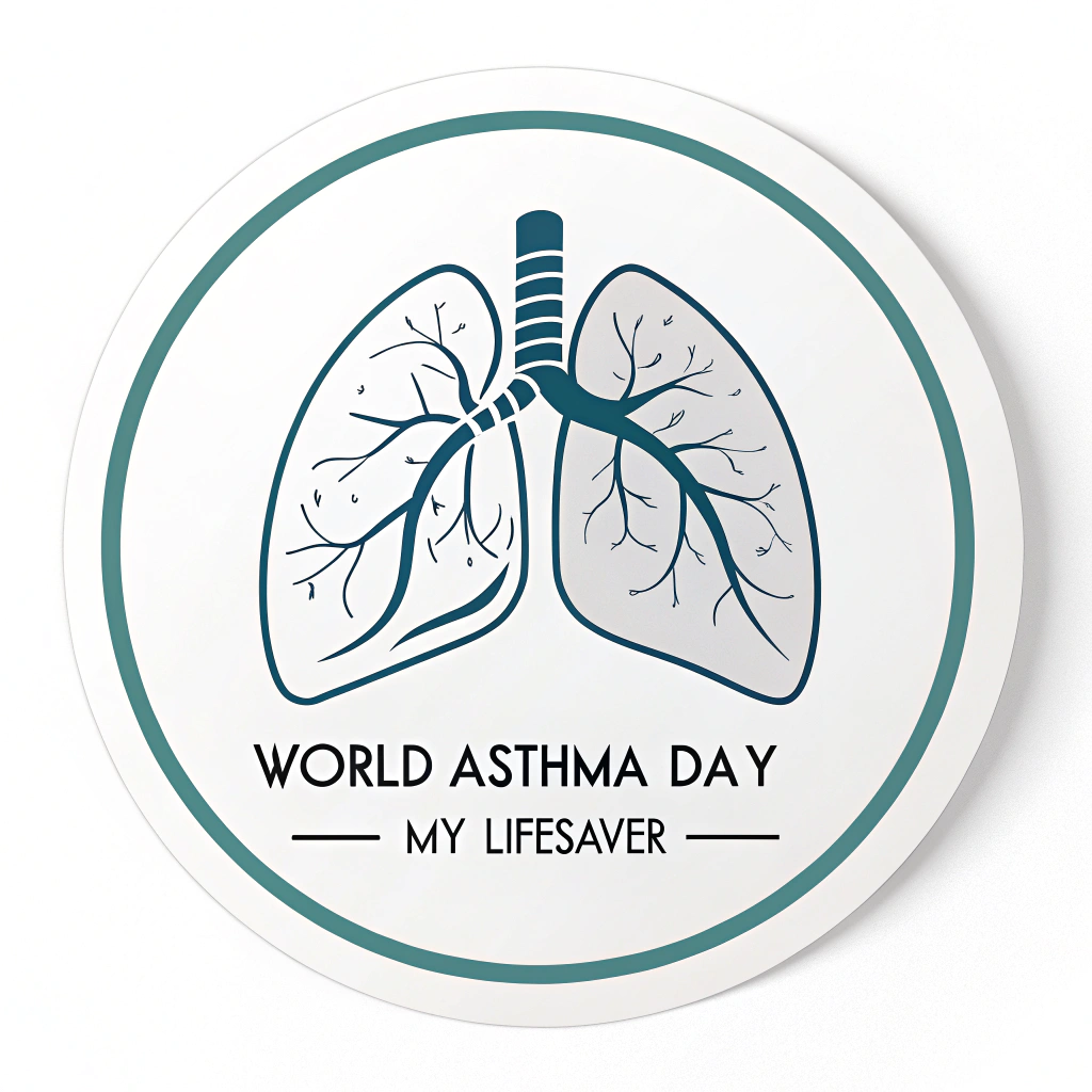 Simple logo idea: The silhouette of an inhaler cleanly integrated within the outline of a lung, with the text 'World Asthma Day' or 'My Lifesaver' presented in a modern, legible typeface below or beside it.