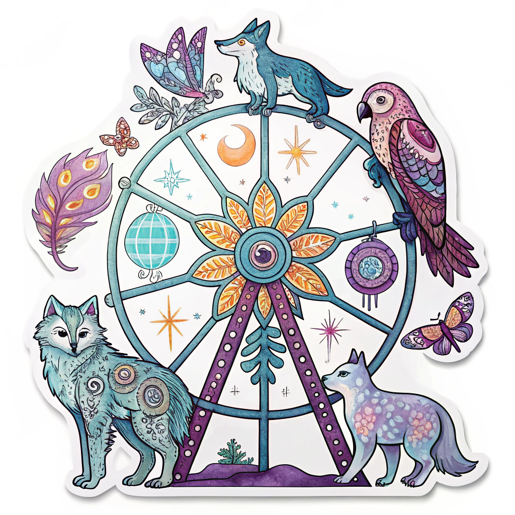 Spirit Animal Carousel Wheel: Instead of traditional cars, the Ferris wheel has glowing, translucent spirit animals (e.g., owls, wolves, butterflies) adorned with psychedelic patterns, rotating around a central, radiant mandala representing the EDC owl.