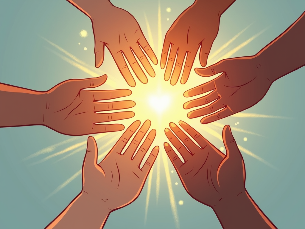 Design 2: Depict a series of interconnected hands passing a glowing spark or seed, symbolizing the transfer and growth of a kind act.