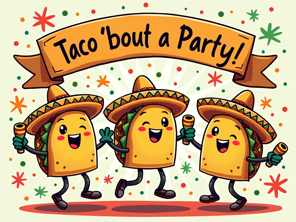 A vibrant illustration of three animated taco characters dancing with maracas and sombreros under a 'Taco 'Bout a Party!' banner, surrounded by confetti and festive Cinco de Mayo colors (green, white, red).