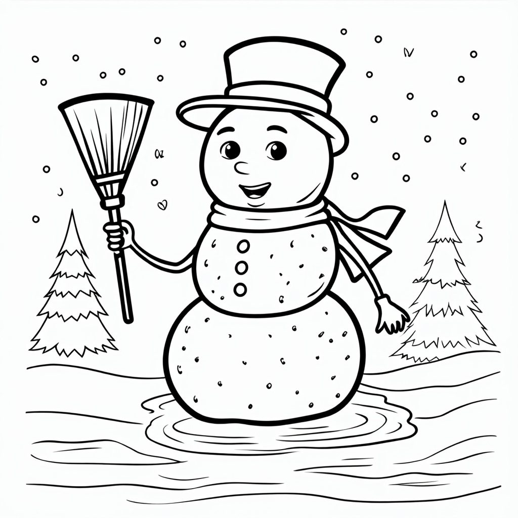 The image shows a snowman with a broom in his hand, standing in a snowy landscape with trees in the background. The snowman is wearing a top hat and scarf, and has a carrot nose and two coal eyes. The trees are covered in snowflakes and the background is filled with a light dusting of snow. The image is a free printable coloring page, perfect for the winter season.