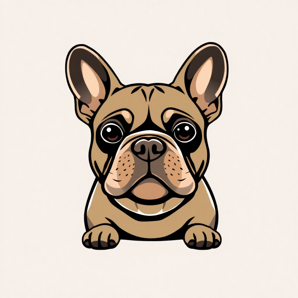 The image is a digital illustration of a French Bulldog. The dog is sitting down with its front paws resting on the ground. It has a round face with big, round eyes and a small nose. Its ears are large and pointed, and its fur is a light brown color. The background is plain white. The overall style of the illustration is simple and cartoon-like.