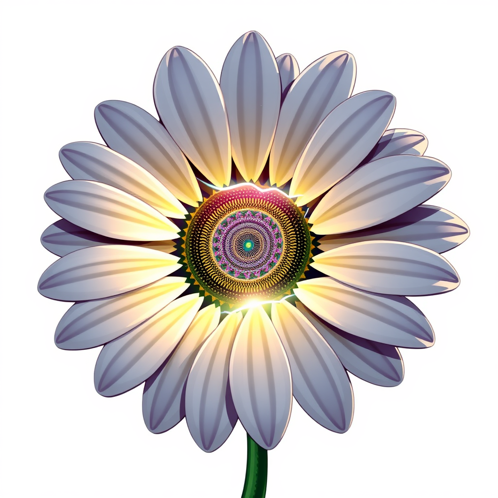 Sub-Design Idea 2 (Dimensional Rift Daisy): The daisy appears to be 'tearing' open a portal. Petals are stylized as fragments of reality peeling back to reveal a vibrant, energetic dimension within—the EDC world. The portal itself is a bright, inviting light.