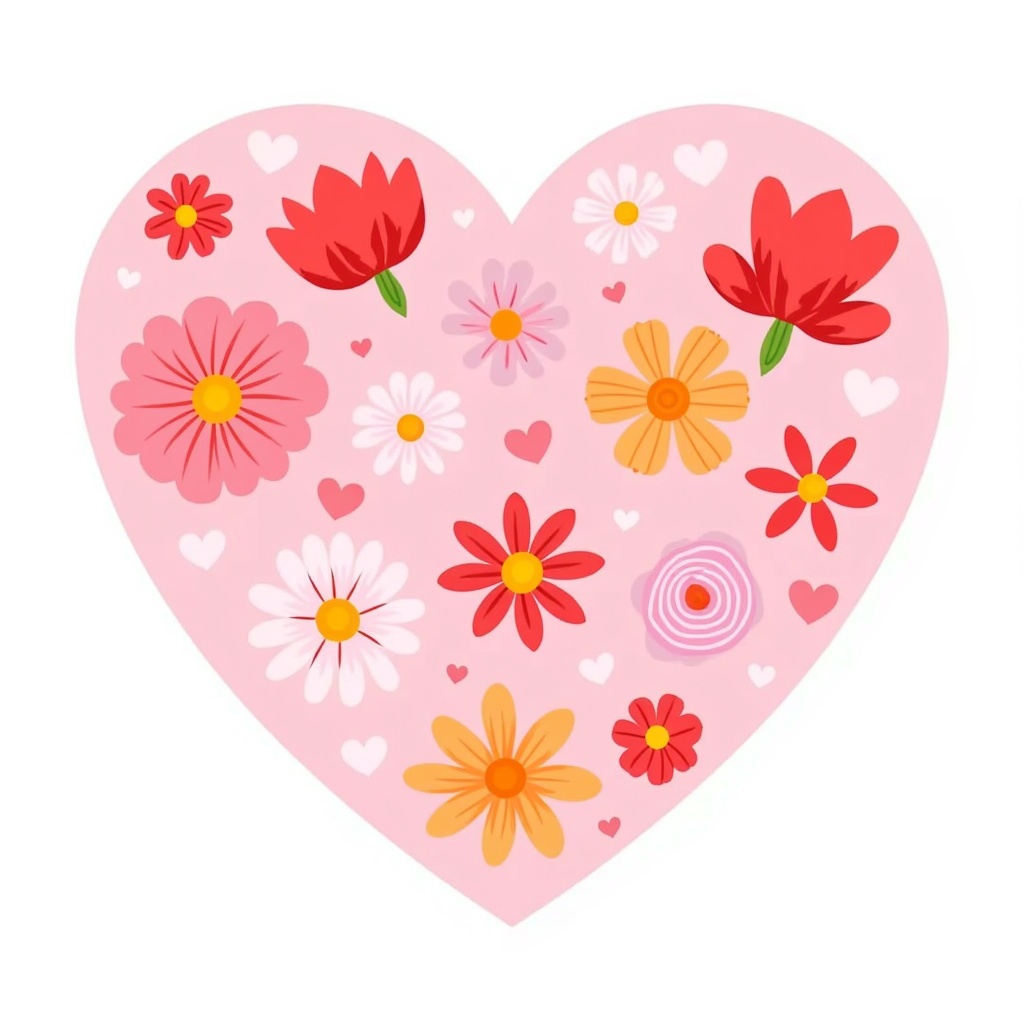 A watercolor illustration of a floral heart with delicate pink and red flowers.