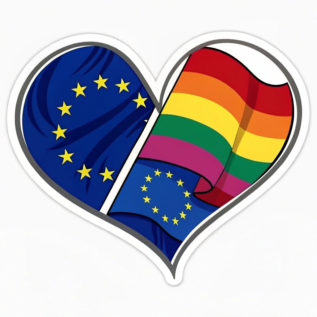 A heart composed of EU flags on one side and Pride flags on the other, merging into one.