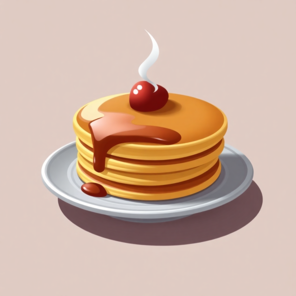 The image is a digital illustration of a stack of pancakes on a white plate. The pancakes are golden brown and appear to be freshly made. On top of the stack, there is a drizzle of syrup and a cherry on top. The syrup is dripping down the sides of the pancakes, creating a smooth and creamy texture. The cherry is a bright red color and is placed on the top right corner of the plate, adding a pop of color to the image. The background is a light pink color, making the pancakes stand out.