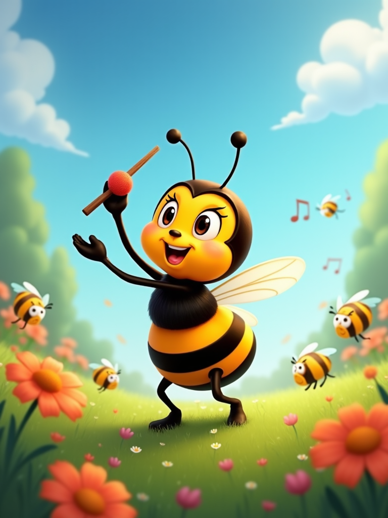 A cartoon bee conducting a symphony of buzzing bees, holding a tiny baton, with a look of sheer concentration.