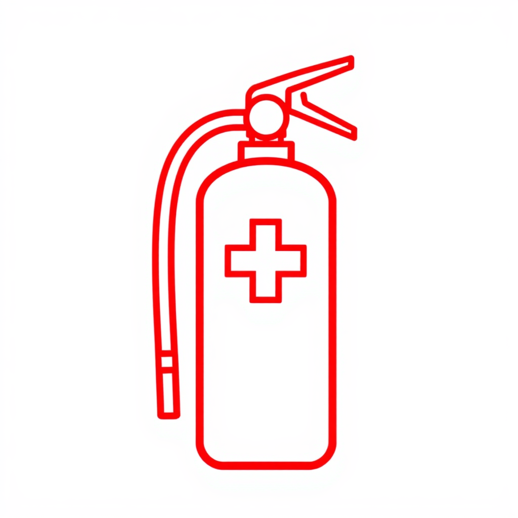 An outline of a fire extinguisher with a cross over it, symbolizing emergency equipment.