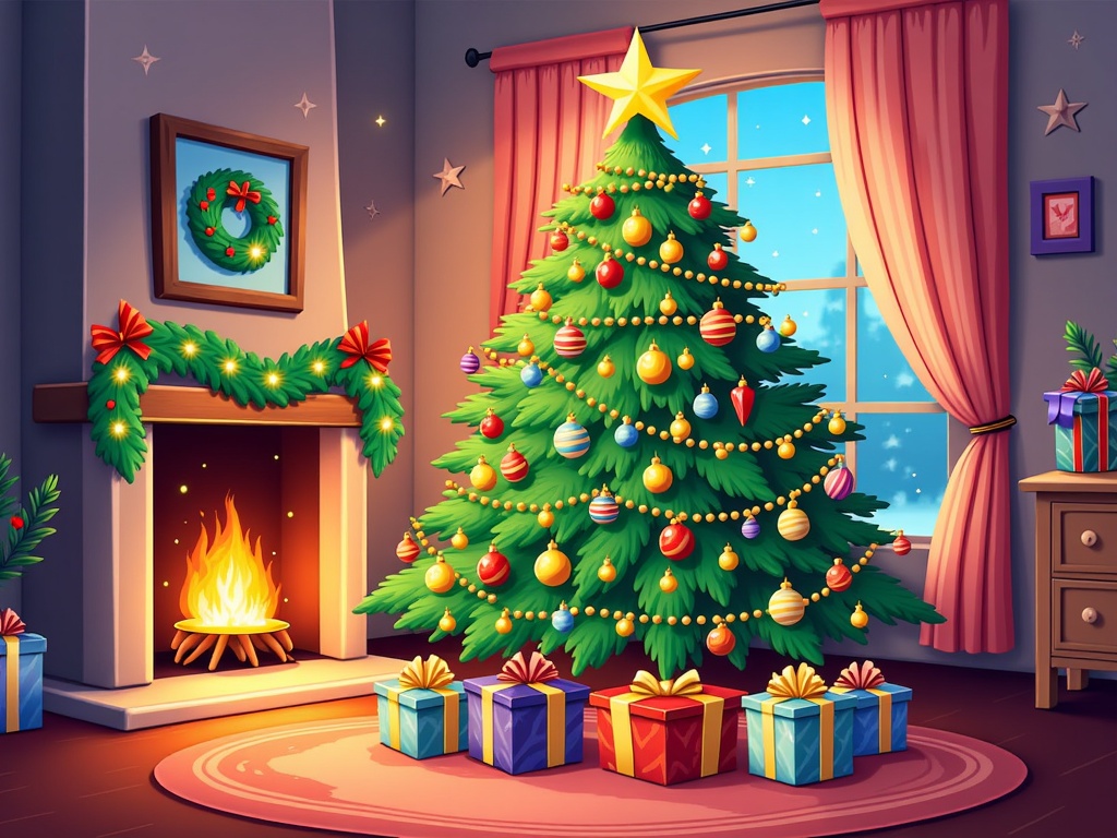 The image shows a living room with a Christmas tree decorated with colorful ornaments, lights, and a star on top. There are several gift boxes scattered around the tree, a plant to the left, a fireplace to the right, and frames attached to the wall. The room is illuminated by the warm glow of the fire, creating a cozy atmosphere.