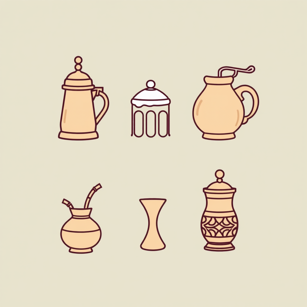 Sub-design idea 2: Minimalist line art icons showcasing unique beverage containers from around the world, such as a Turkish coffee pot (cezve), a German beer stein, an Argentinian mate gourd with bombilla, a Chinese gaiwan, and an Indian kulhar.