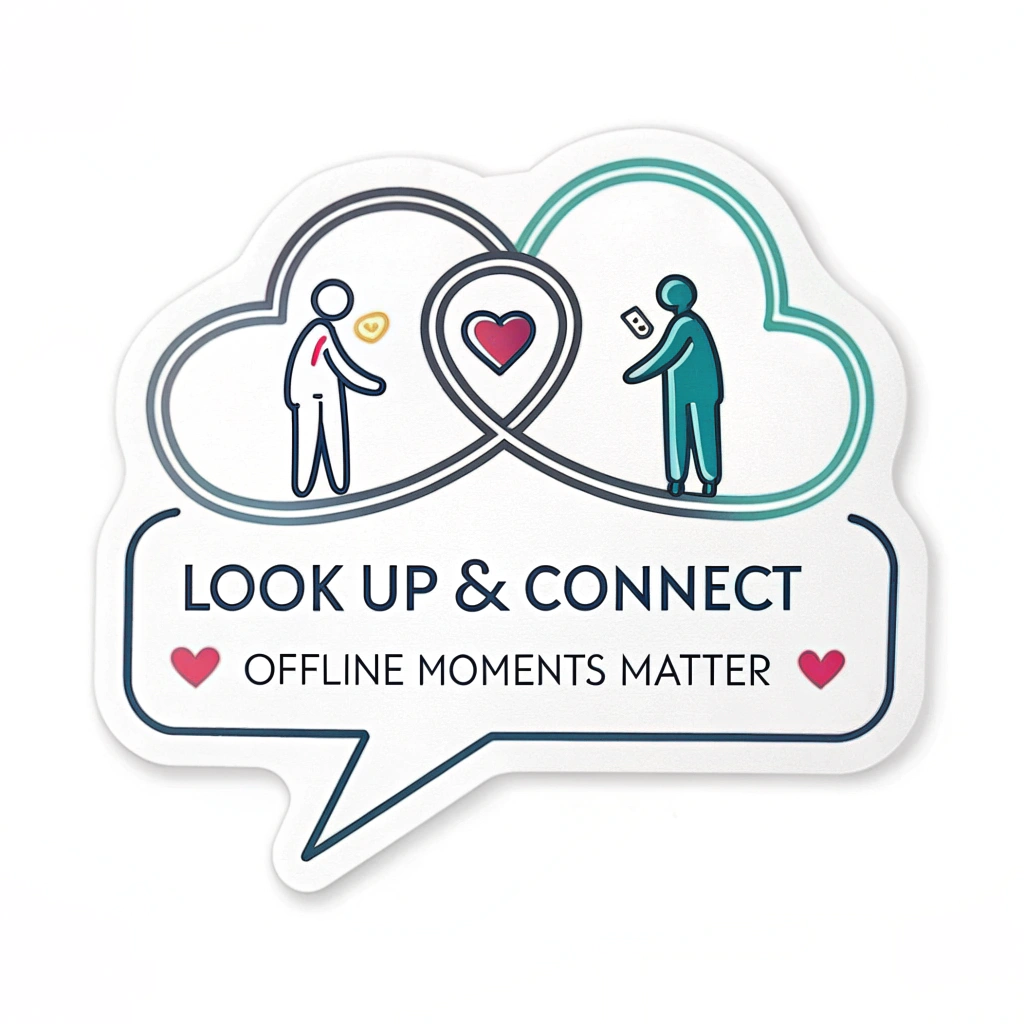 Sub-design idea 5: 'Real Connection Reminder' Sticker - Two simplified human figures or two intertwined speech bubbles forming a heart. Text: 'Look Up & Connect' or 'Offline Moments Matter'.