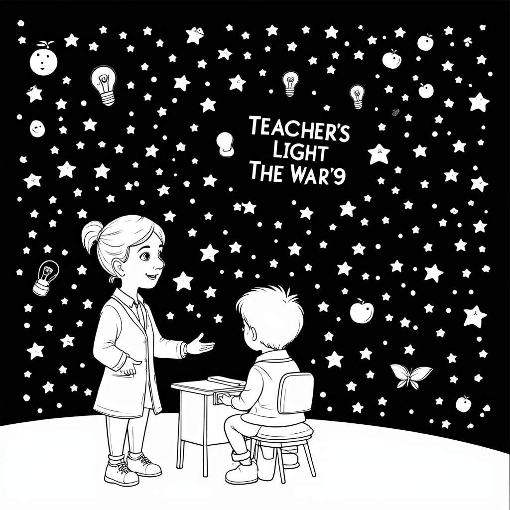 Celestial Classroom Guidance: A teacher and a student observing a night sky where stars form constellations shaped like a light bulb, a lantern, an open book, and an apple. The phrase 'Teachers Light the Way' is integrated among the stars, creating a whimsical scene.