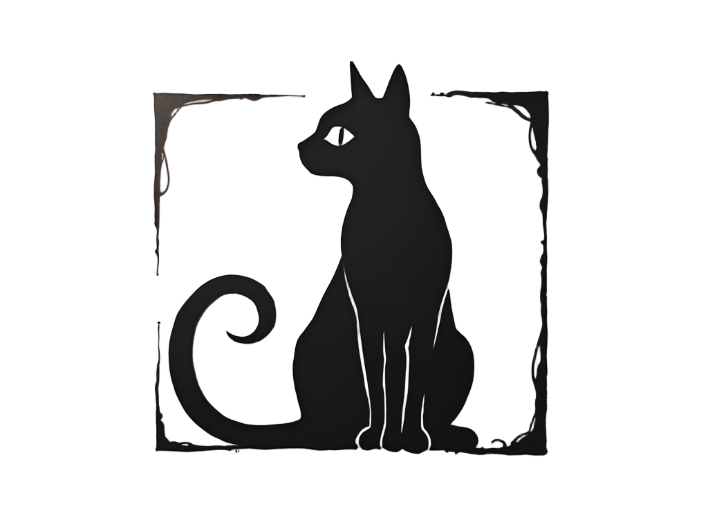 A cat's silhouette primarily formed by an elegant question mark. The box element could be a subtle frame or background, with the cat's ambiguous state hinted at by details like one eye open and one closed.
