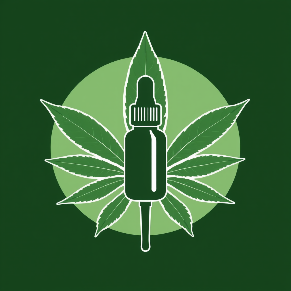 Leaf Aura Dropper: A central dropper bottle silhouette surrounded by a stylized cannabis leaf forming a subtle background aura or a distinct circular frame, suggesting natural properties and protection.