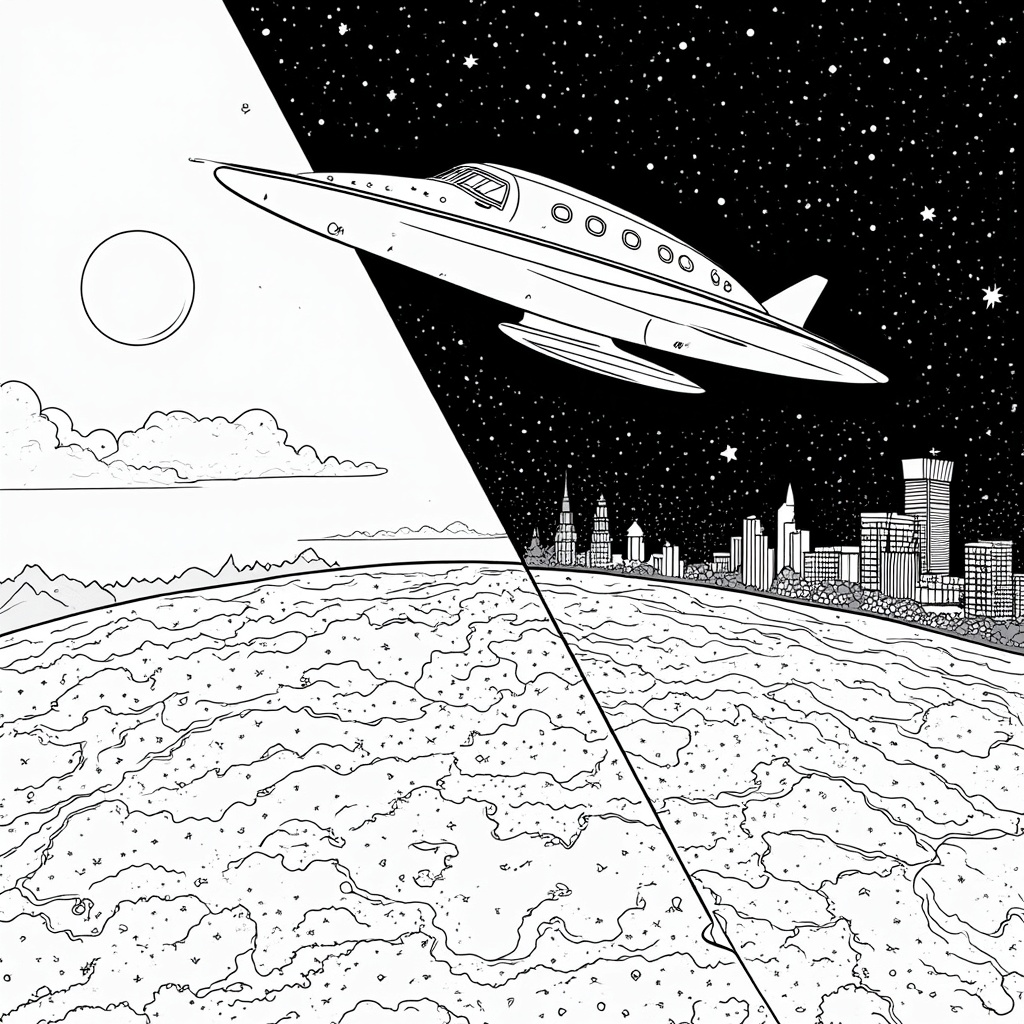 A 'day and night' perspective: one side of the page shows the Starliner orbiting over the sunlit side of Earth with bright colors, transitioning to the other side showing it over the night side with city lights and stars.