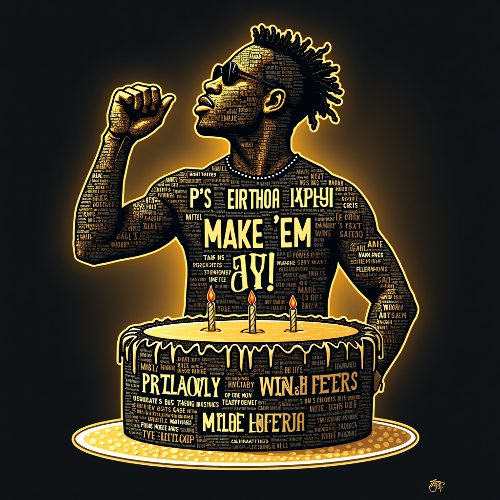 Sub Design Idea 1: Lyrics from 'Make 'Em Say Ugh!' artistically forming a birthday cake or Master P's silhouette. Palette: gold, black, white. Text: 'P's Birthday Anthem' integrated.