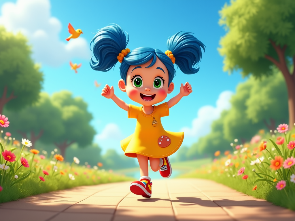 The image is a digital illustration of a young girl with blue hair and green eyes. She is wearing a yellow dress with a red heart on it and red and white sneakers. She has a big smile on her face and her arms are stretched out in front of her, as if she is dancing or celebrating. The background is a beautiful garden with colorful flowers and trees. The sky is blue with white clouds and there are two birds flying in the distance. The overall mood of the image is cheerful and playful.