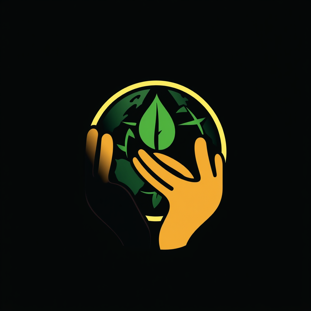 A stylized globe with intertwined hands or leaves, symbolizing unity, nature, and global cooperation for climate action.