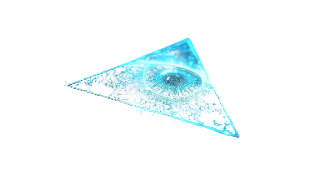 Sub-design 4: The Eye of Providence depicted as a holographic projection, with the eye and triangle appearing translucent and glowing, possibly with faint digital particles or code making up its form.