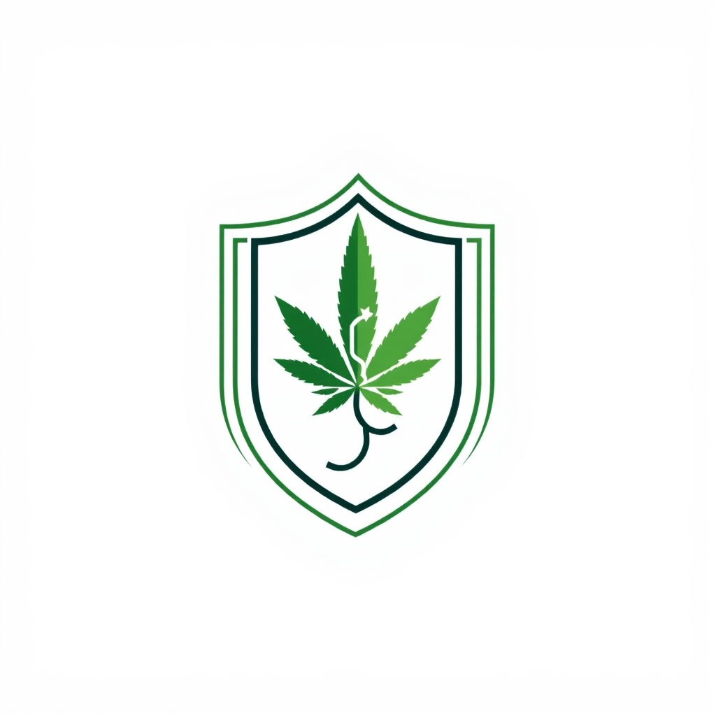 Simple Logo Idea - Balanced Emblem: A logo featuring a clean, modern shield. Inside, a marijuana leaf and a health symbol (e.g., a simplified Rod of Asclepius or a medical cross) are placed side-by-side or in a balanced composition, potentially with the brand name integrated in a professional typeface below or around the emblem.