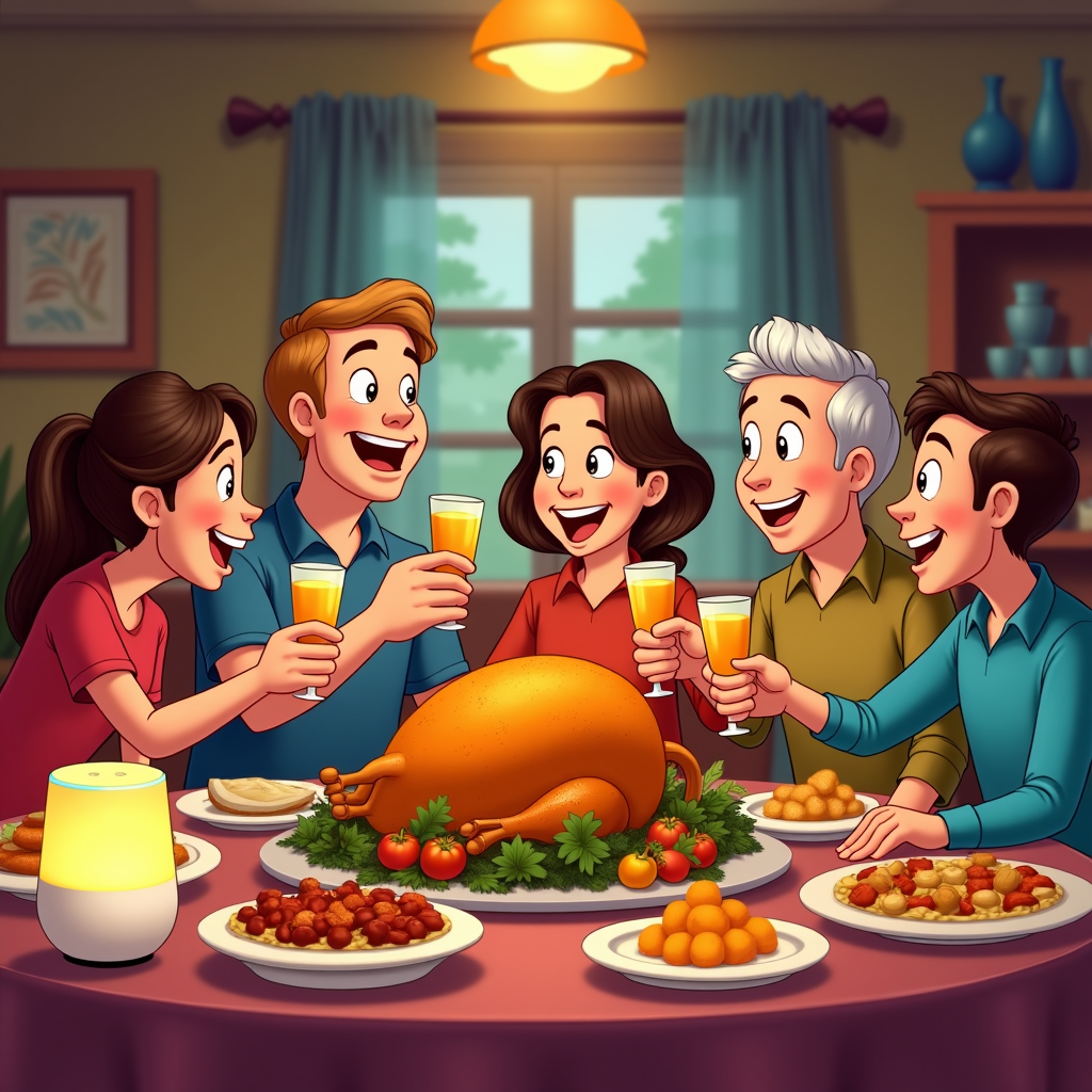 A cartoon feast with inventive Thanksgiving dishes like tofu roast and acorn squash risotto. The vibrant table captures a blend of new dietary choices. Family members, animated with exaggerated joyful expressions, raise their glasses for a toast, while a digital assistant device nearby plays cheerful tunes, merging tradition with modernity.