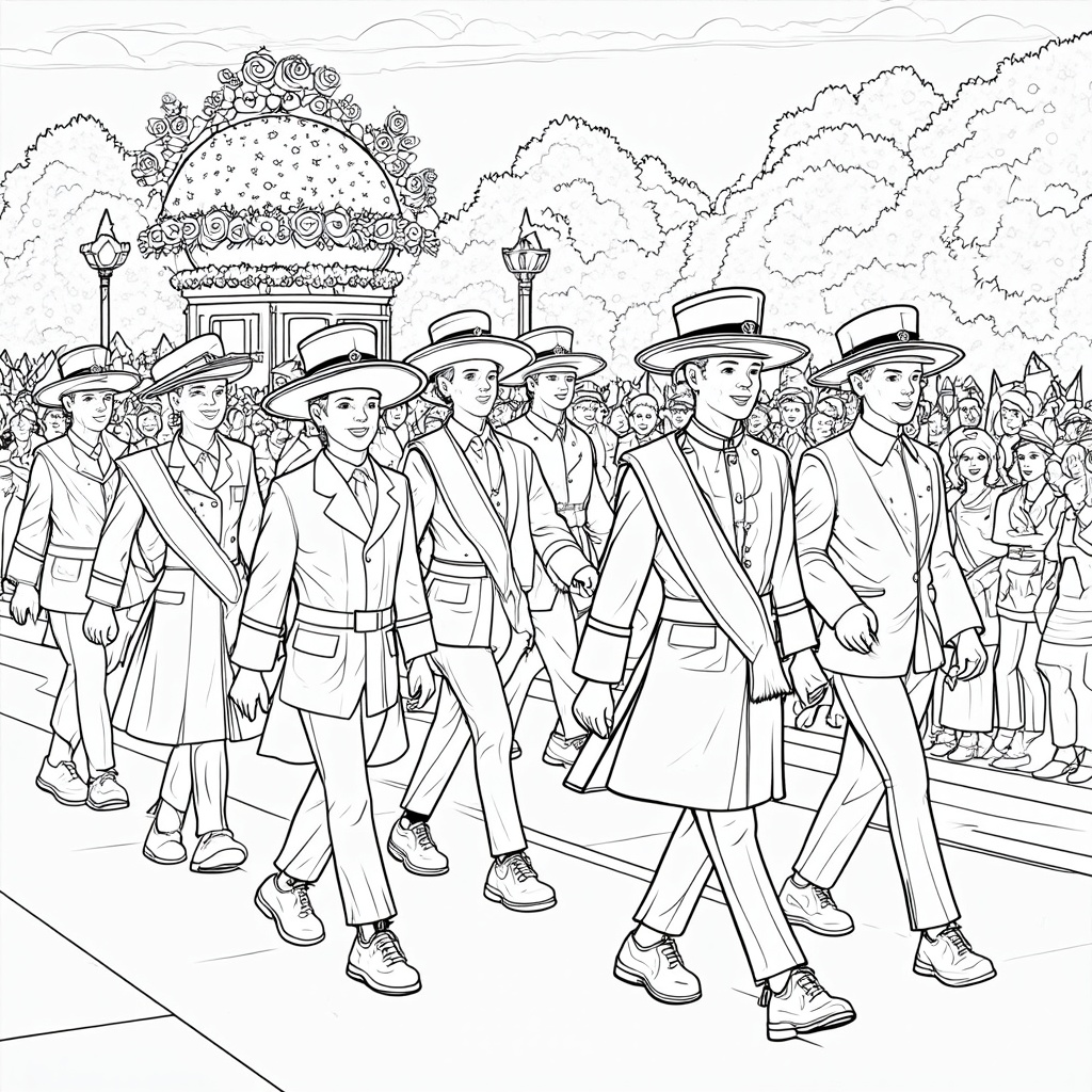 A group of Royal Rosarians in full ceremonial attire marching in formation during the Grand Floral Parade, with crowds and rose-adorned floats in the background.