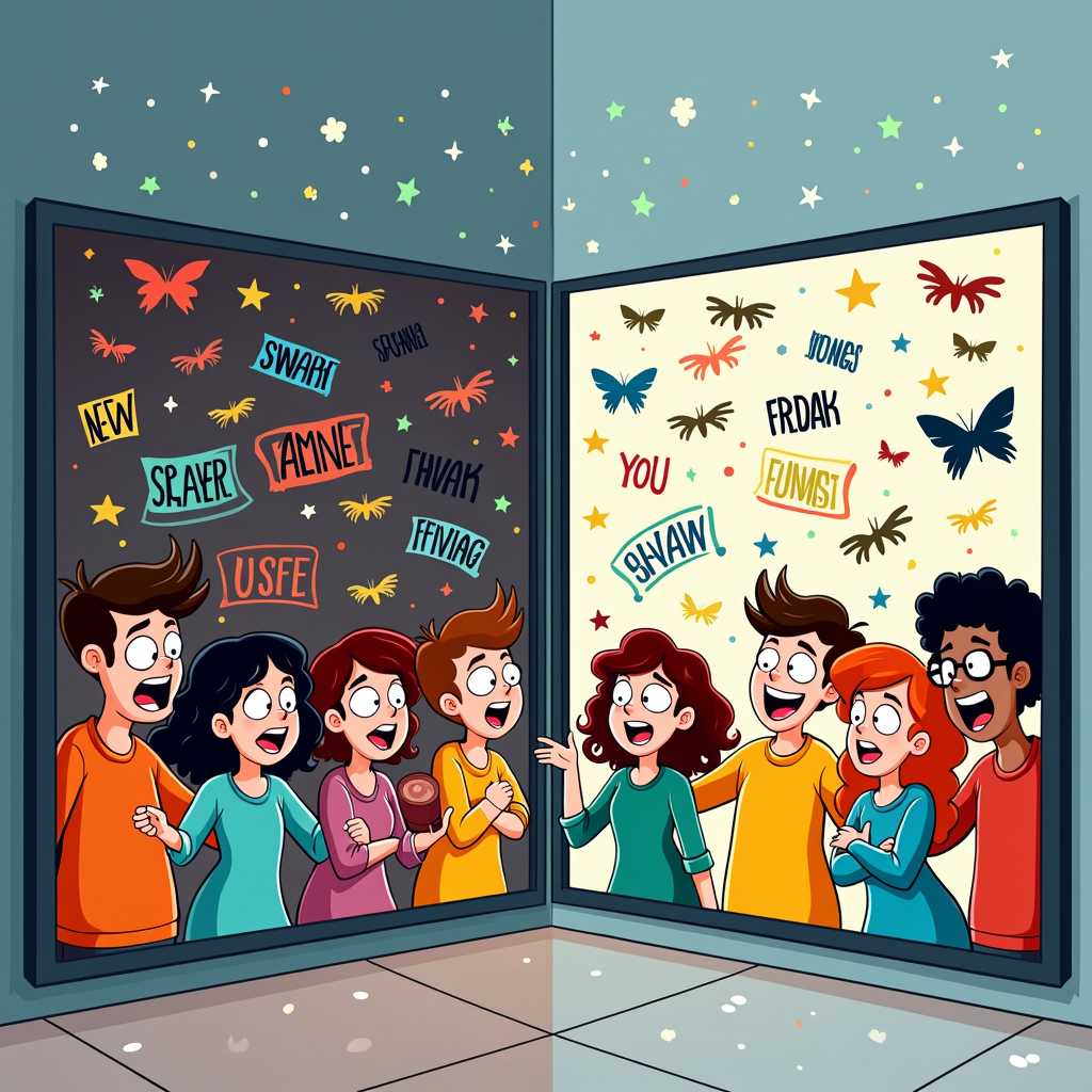 Split-Screen 'Before & After Filter': One side shows a potentially overwhelming unfiltered view, while the 'Minor's View' side shows the same content transformed – swear words become funny symbols, scary images become cute drawings. Friends react humorously to the filtered content.