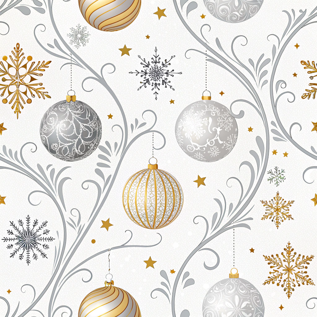 A wall in a living room featuring wallpaper with an elegant Christmas pattern, showcasing silver and gold ornaments and delicate snow drifts for a sophisticated holiday aesthetic.