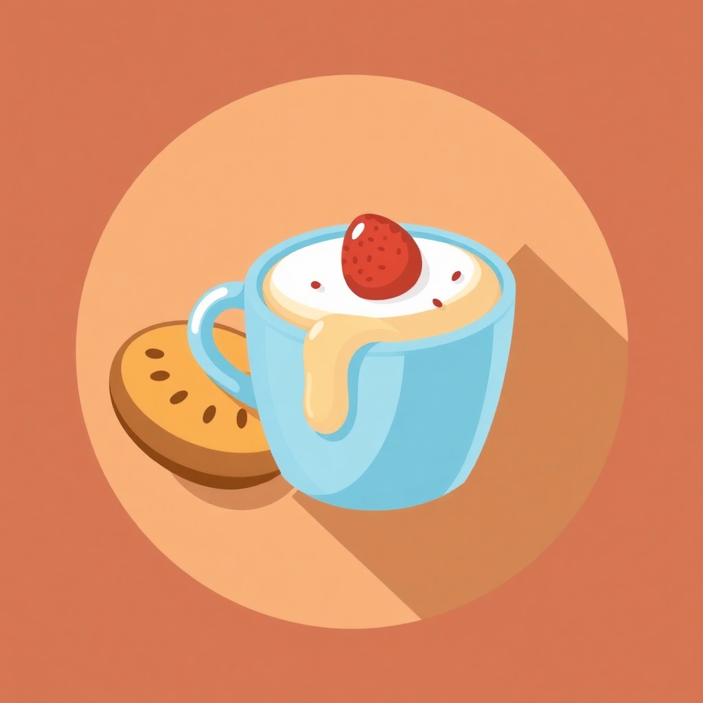 The image is an illustration of a blue cup of coffee with a strawberry on top. The cup is filled with a creamy white liquid, which appears to be a latte or cappuccino, and is drizzled with a light brown sauce. Next to the cup, there is a small biscuit with holes on it. The background is a peach-colored circle. The overall style of the illustration is flat and cartoon-like.