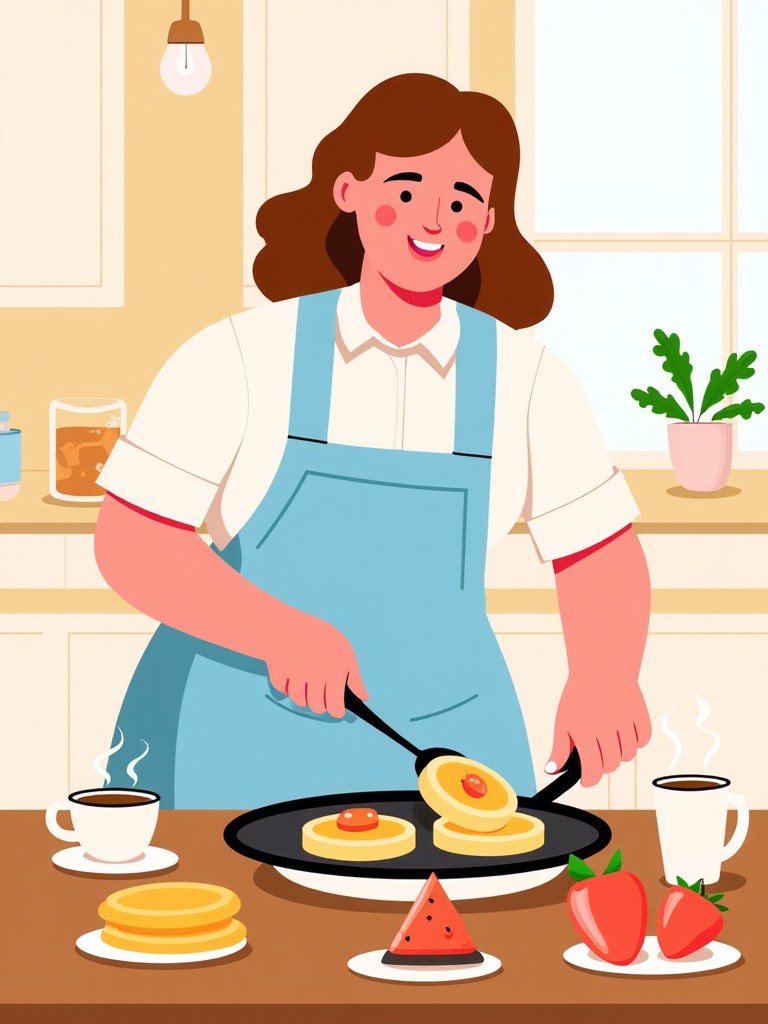  a young woman in a kitchen preparing food. She is wearing a blue apron and a white shirt. She has long brown hair and is smiling as she cooks. On the table in front of her, there is a frying pan with pancakes on it. There are two cups of coffee and a plate of strawberries and a slice of watermelon. The kitchen has a window and a potted plant in the background.