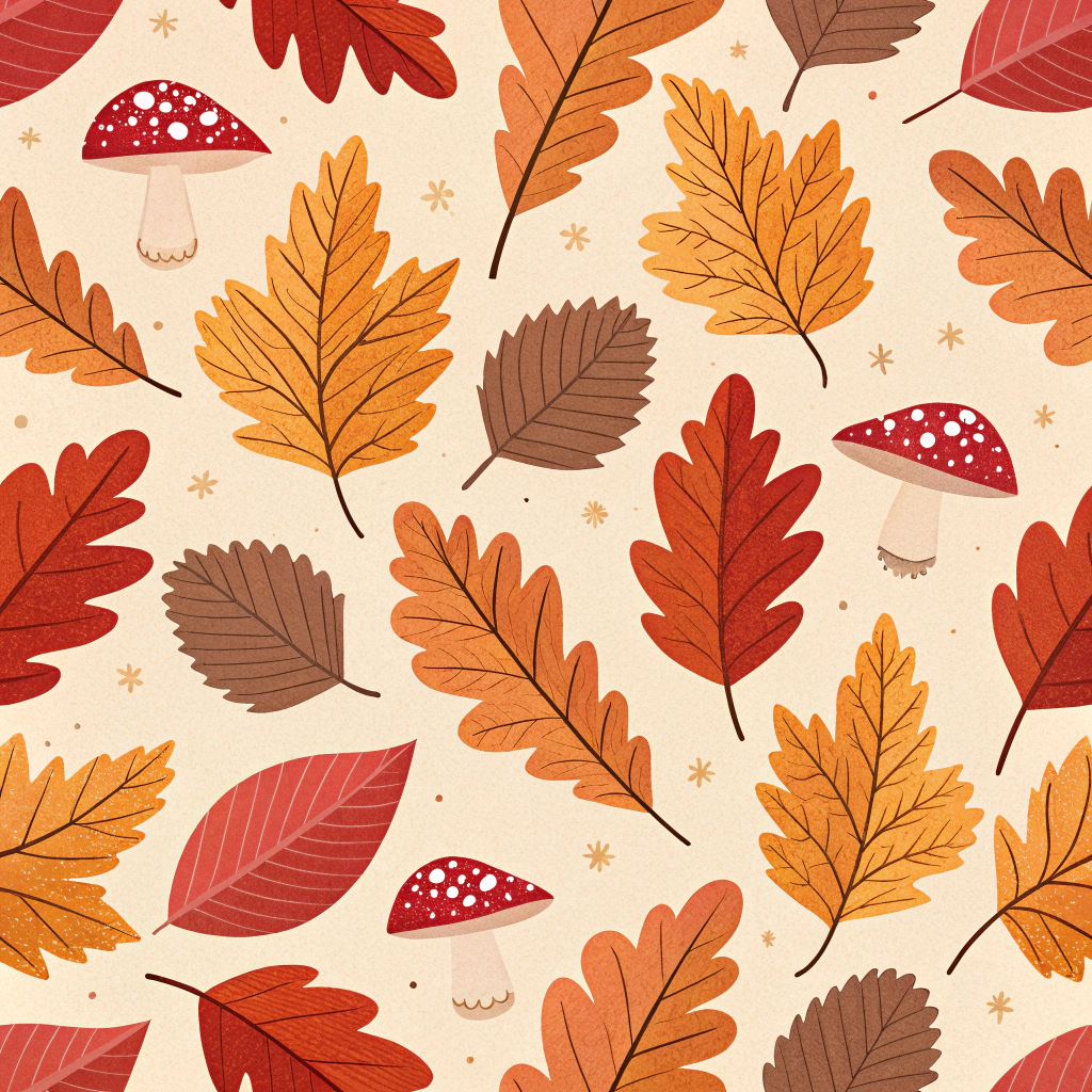 A cozy, autumnal pattern featuring curled-up leaves with mushrooms hiding benevolently underneath their canopies.