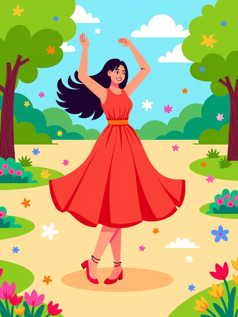  a young woman dancing in a garden. She is wearing a long red dress with a yellow belt and red high heels. Her long dark hair is flowing in the wind and she has a big smile on her face. The garden is filled with colorful flowers and trees, and there is a blue sky with white clouds in the background. The woman is standing on a dirt path with her arms raised above her head, as if she is dancing. The overall mood of the image is joyful and carefree.