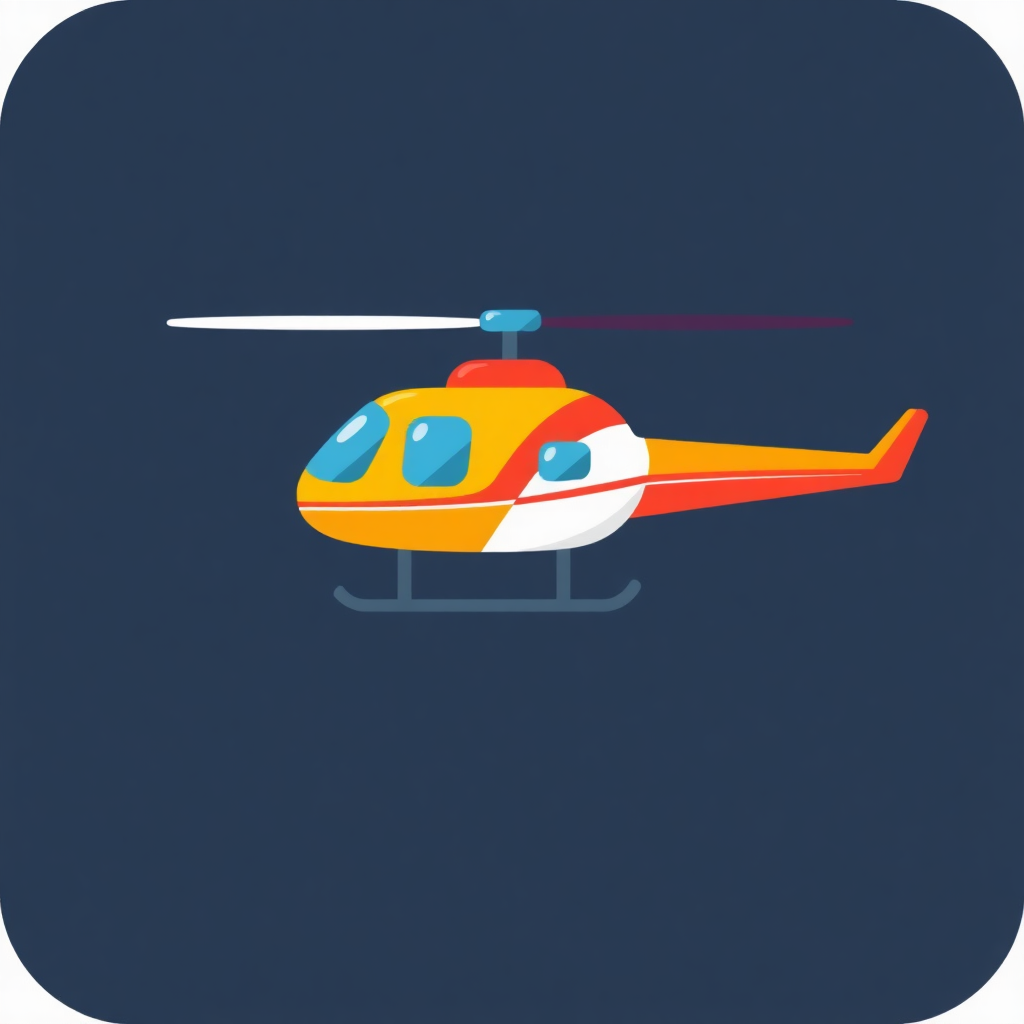 The image is a square icon with a dark blue background. In the center of the icon, there is a colorful illustration of a helicopter. The helicopter is orange, yellow, and red in color with a white stripe running along the side. It has a blue propeller at the top and two blue eyes on the front. The body of the helicopter is white with a red stripe running down the middle. The wings are orange and the tail is red. The overall design is simple and cartoon-like.