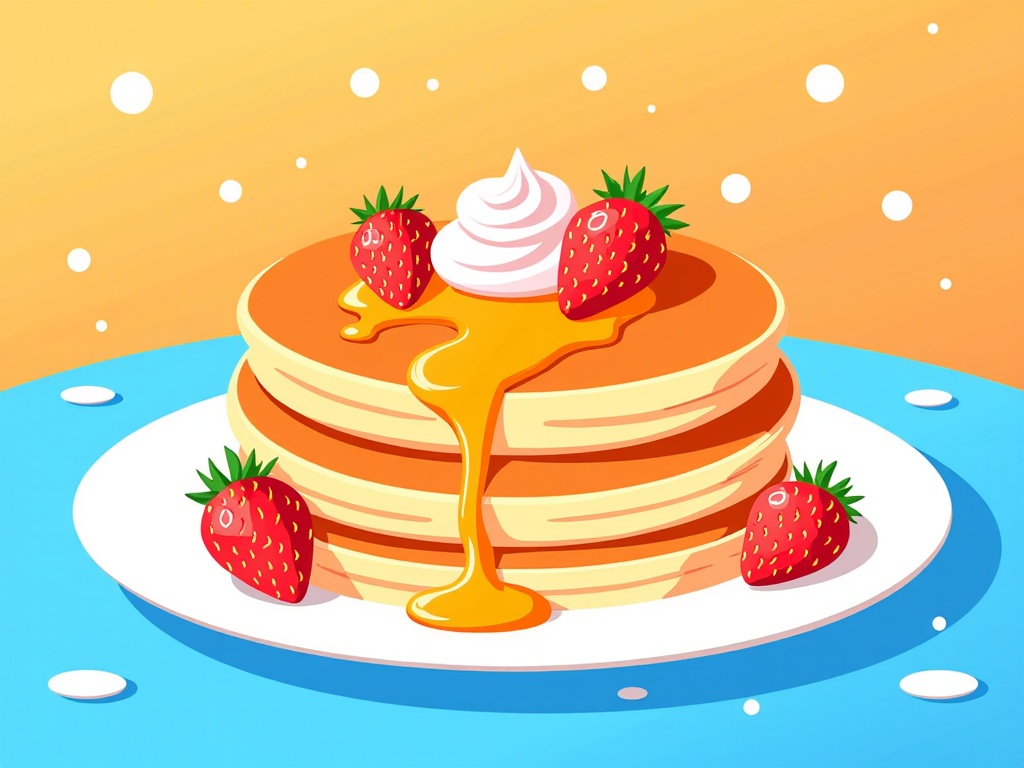 The image is an illustration of a stack of pancakes on a white plate. The pancakes are golden brown and appear to be freshly made. On top of the pancakes, there is a dollop of whipped cream and a drizzle of honey. There are also two fresh strawberries on the plate, one on each side of the stack. The plate is sitting on a blue tablecloth with white polka dots. The background is a gradient of orange and yellow.