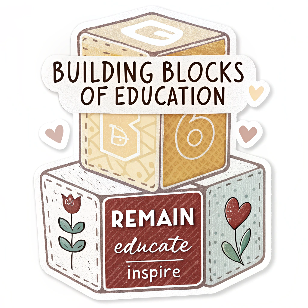 Design 4: 'Building Blocks of Education': Three stacked blocks, like children's building blocks. The bottom block says 'Remain' (largest, foundational), the middle 'Educate,' and the top 'Inspire.' Each block could have a slightly different complementary color or subtle pattern.