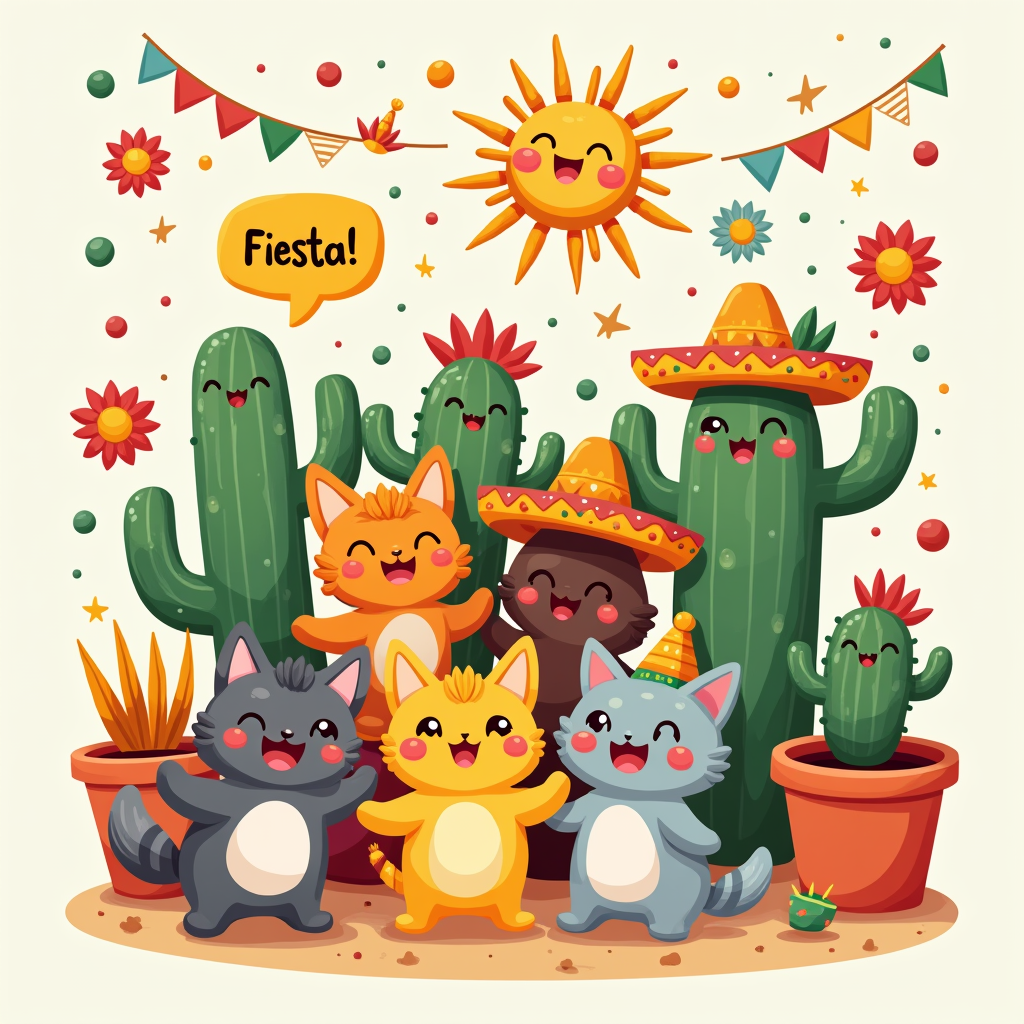 A 'Cinco de Mayo Cuties' theme showcasing a collection of various small, kawaii-style characters (e.g., animals, suns, cacti with faces) partying together with 'Fiesta!' speech bubbles and festive decorations.